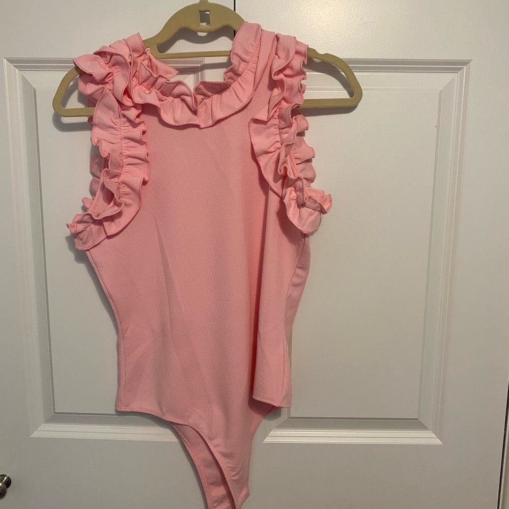 Pink Ruffle Ribbed Bodysuit